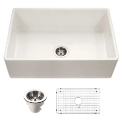 Houzer Platus 33 inch Biscuit Fireclay Apron Front Farmhouse Single Bowl Kitchen Sink - PTG-4300 BQ-C with Basket Strainer and Basin Grid Included