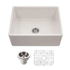 Houzer Platus 26 inch Biscuit Fireclay Apron Front Farmhouse Single Bowl Kitchen Sink - PTS-2600 BQ-C with Basket Strainer and Basin Grid Included