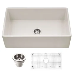 Houzer Platus 33 inch Biscuit Fireclay Apron Front Farmhouse Single Bowl Kitchen Sink - PTG-4318 BQ-C with Basket Strainer and Basin Grid Included