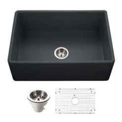 Houzer Platus 30 inch Black Fireclay Apron Front Farmhouse Single Bowl Kitchen Sink - PTS-4100 BL-C with Basket Strainer and Basin Grid Included