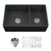 Houzer Platus 33 inch Black Fireclay Apron Front Farmhouse 60/40 Double Kitchen Sink - PTD-6040 BL-C with Basket Strainer and Basin Grids Included