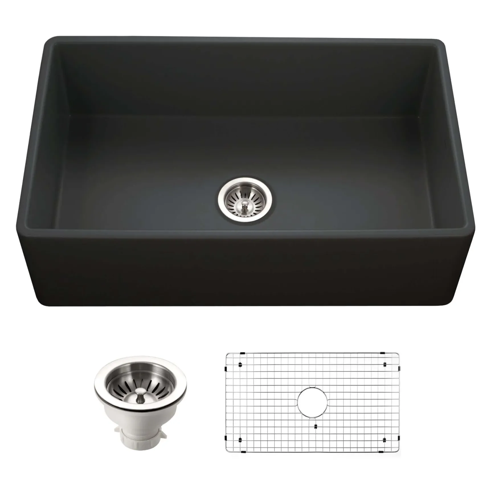 Houzer Platus 33 inch Black Fireclay Apron Front Farmhouse Single Bowl Kitchen Sink - PTG-4300 BL-C with Basket Strainer and Basin Grid Included
