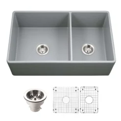 Houzer Platus 33 inch Gray Fireclay Apron Front Farmhouse 60/40 Double Small Right Bowl Sink - PTD-6040 GR-C with Basket Strainer and Basin Grids Included