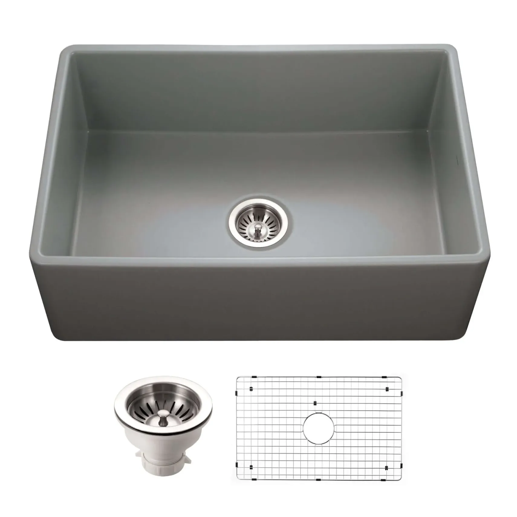 Houzer Platus 30 inch Gray Fireclay Apron Front Farmhouse Single Bowl Kitchen Sink - PTS-4100 GR-C with Basket Strainer and Basin Grid Included