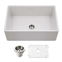 Houzer Platus 30 inch Matte White Fireclay Apron Front Farmhouse Single Bowl Kitchen Sink - PTS-4100 MWH