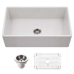 Houzer Platus 33 inch Matte White Fireclay Apron Front Farmhouse Single Bowl Kitchen Sink - PTG-4300 MWH-C with Basket Strainer and Basin Grid Included