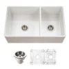 Houzer Platus 33 inch White Fireclay Apron Front Farmhouse 60/40 Double Bowl Kitchen Sink - PTD-6040 WH-C with Basket Strainer and Basin Grids Included