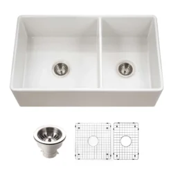 Houzer Platus 33 inch White Fireclay Apron Front Farmhouse 60/40 Double Bowl Kitchen Sink - PTD-6040 WH-C with Basket Strainer and Basin Grids Included