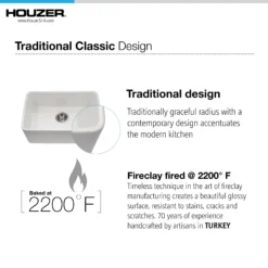 Houzer Platus 24 inch White Fireclay Undermount Single Bowl Kitchen Sink with Strainer & Grid - PTU-2400 WH-C