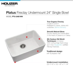 Houzer Platus 24 inch White Fireclay Undermount Single Bowl Kitchen Sink with Strainer & Grid - PTU-2400 WH-C