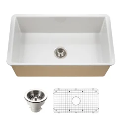 Houzer Platus 32 inch White Fireclay Undermount Single Bowl Kitchen Sink - PTU-3600 WH-C with Basket Strainer and Basin Grid Included