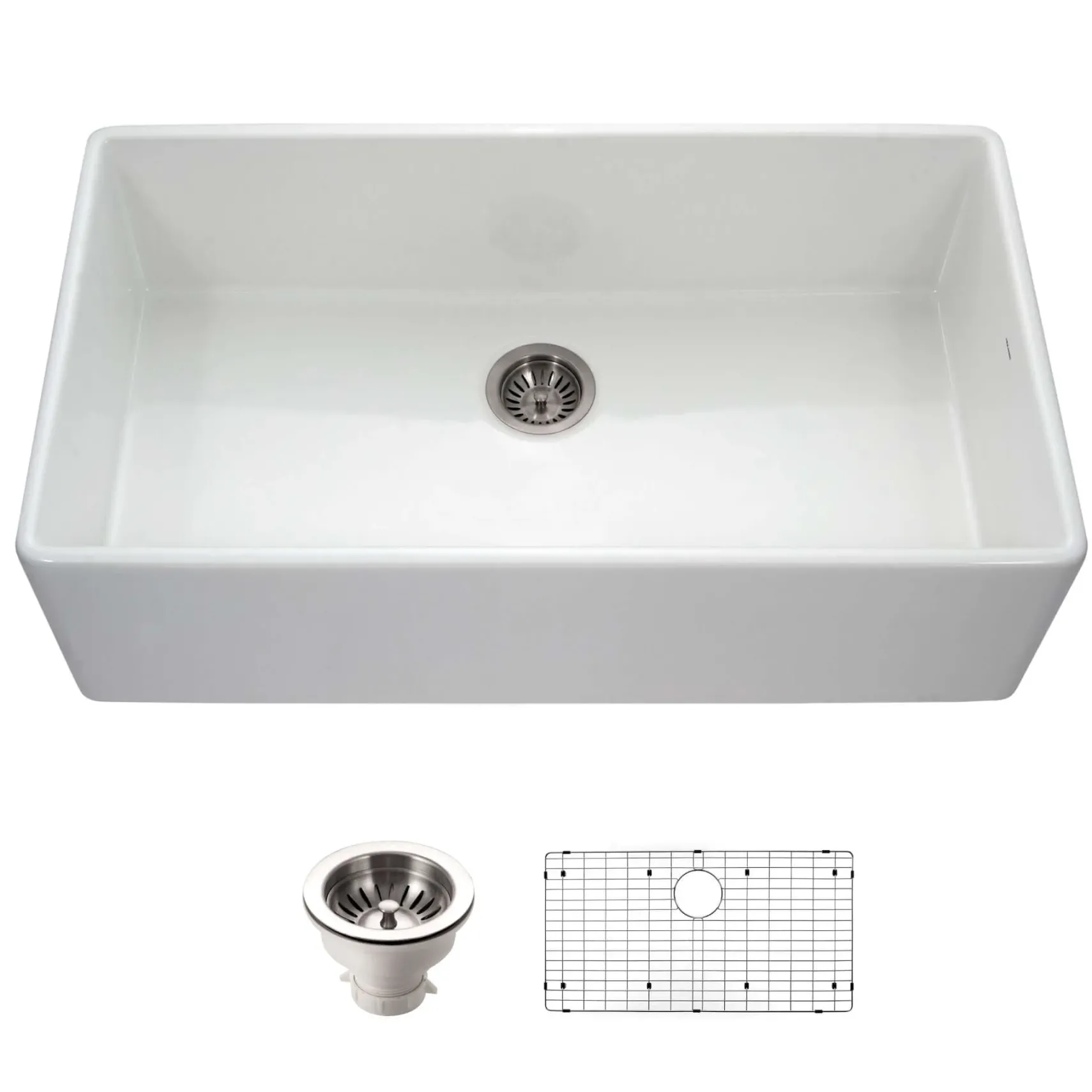 Houzer Platus 36 inch White Fireclay Apron Front Farmhouse Single Bowl Kitchen Sink with Strainer & Grid - PTG-3600 WH-C
