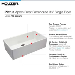 Houzer Platus 36 inch White Fireclay Apron Front Farmhouse Single Bowl Kitchen Sink with Strainer & Grid - PTG-3600 WH-C