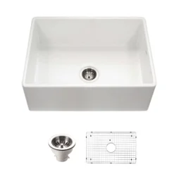 Houzer Platus 30 inch White Fireclay Apron Front Farmhouse Single Bowl Kitchen Sink with Strainer & Grid - PTS-4100 WH-C
