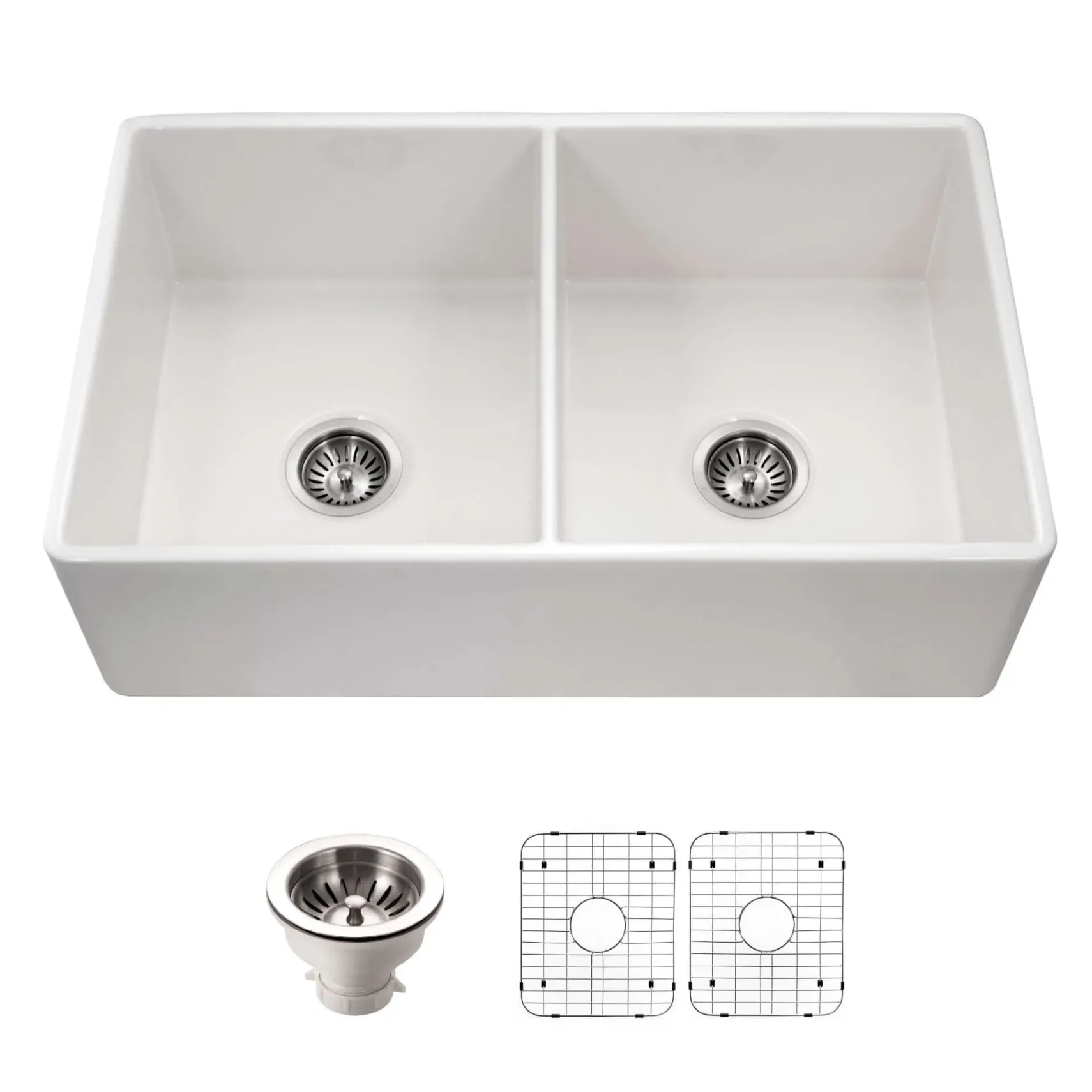 Houzer Platus 33 inch White Fireclay Apron Front Farmhouse 50/50 Double Bowl Kitchen Sink with Strainer & Grids - PTD-4400 WH-C