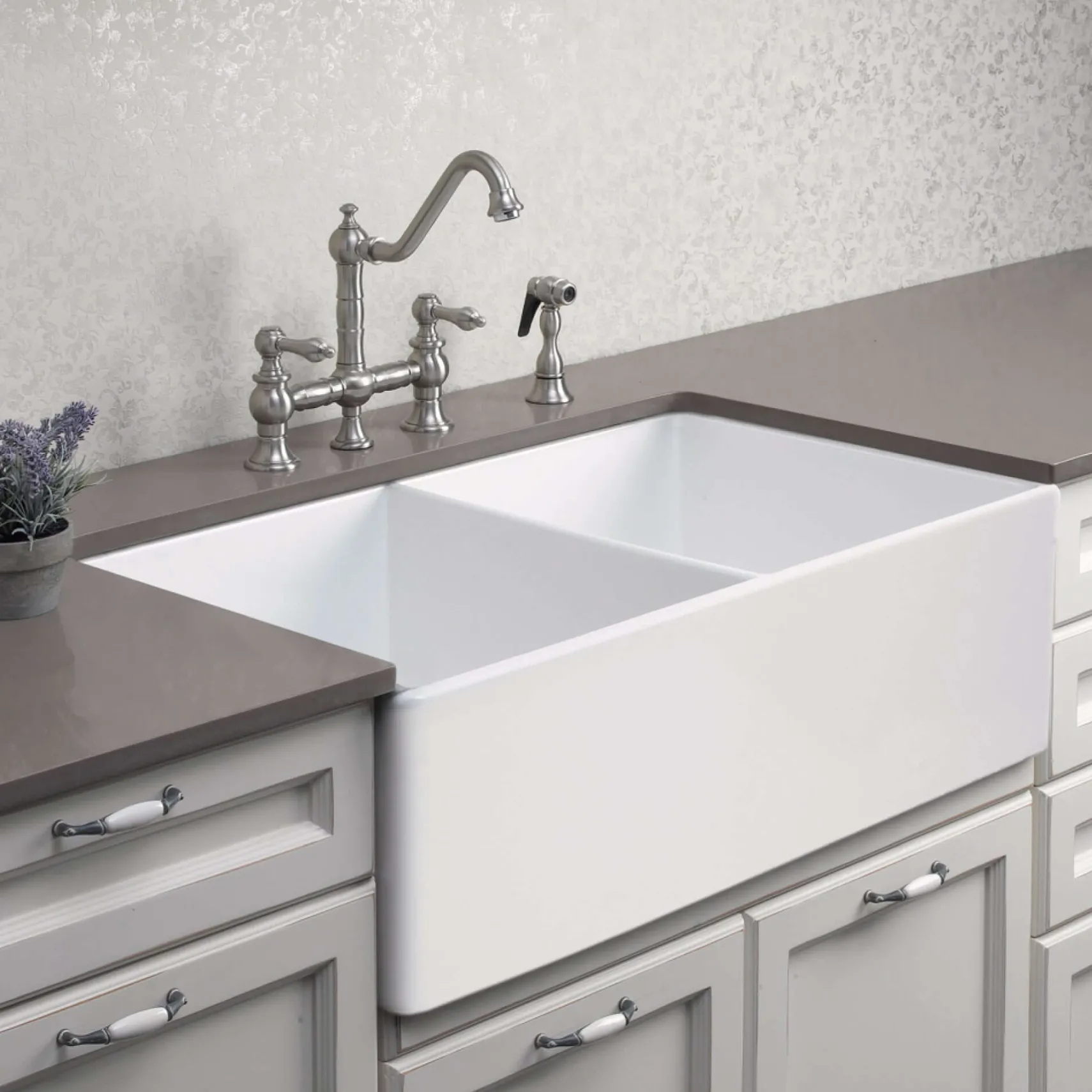Houzer Platus 33 inch White Fireclay Apron Front Farmhouse 50/50 Double Bowl Kitchen Sink with Strainer & Grids - PTD-4400 WH-C