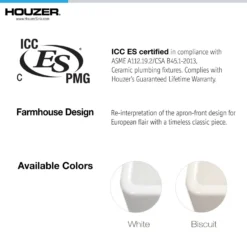 Houzer Platus 33 inch White Fireclay Apron Front Farmhouse 50/50 Double Bowl Kitchen Sink with Strainer & Grids - PTD-4400 WH-C