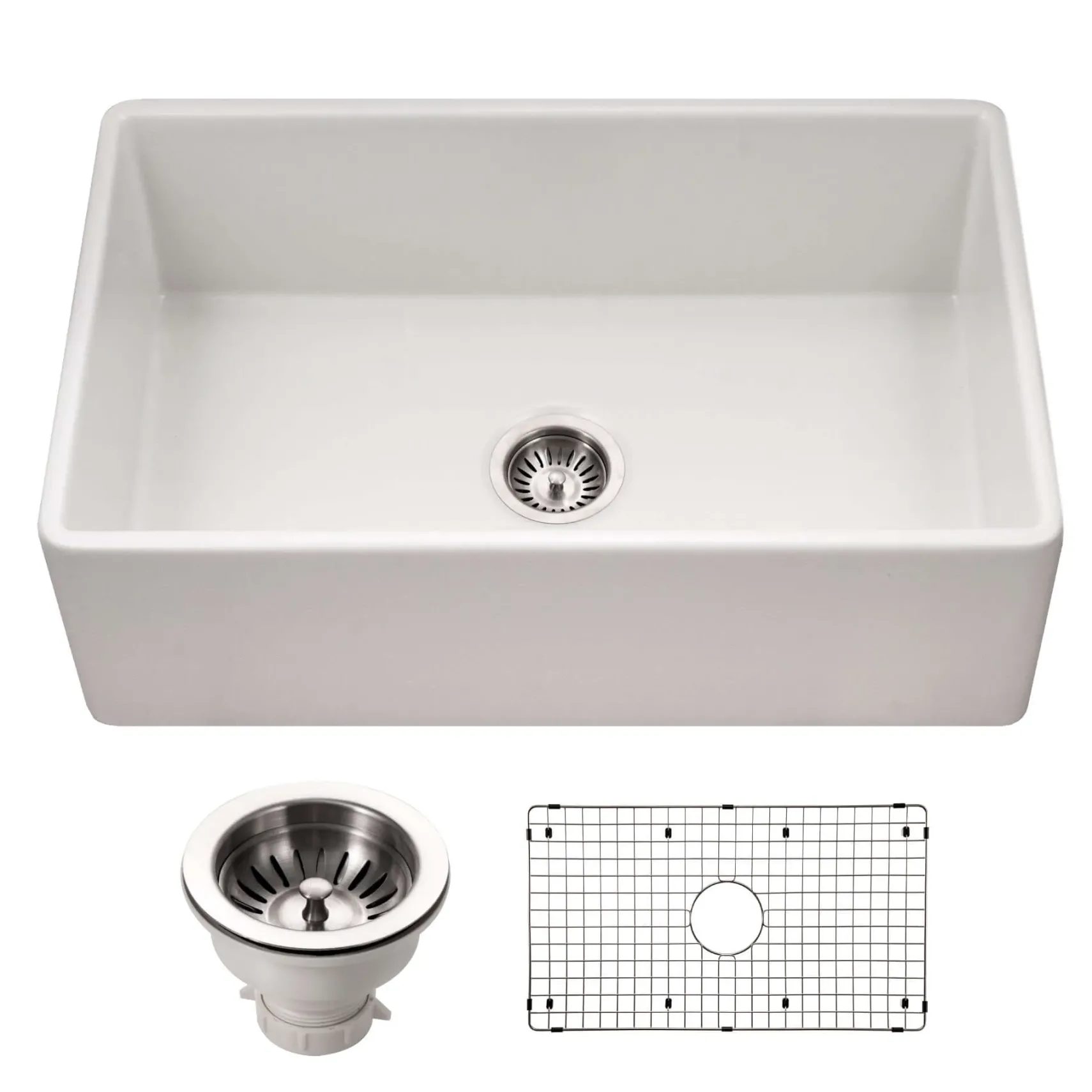 Houzer Platus 30 inch White Fireclay Apron Front Farmhouse Single Bowl Kitchen Sink - PTS-4118 WH-C with Basket Strainer and Basin Grid Included