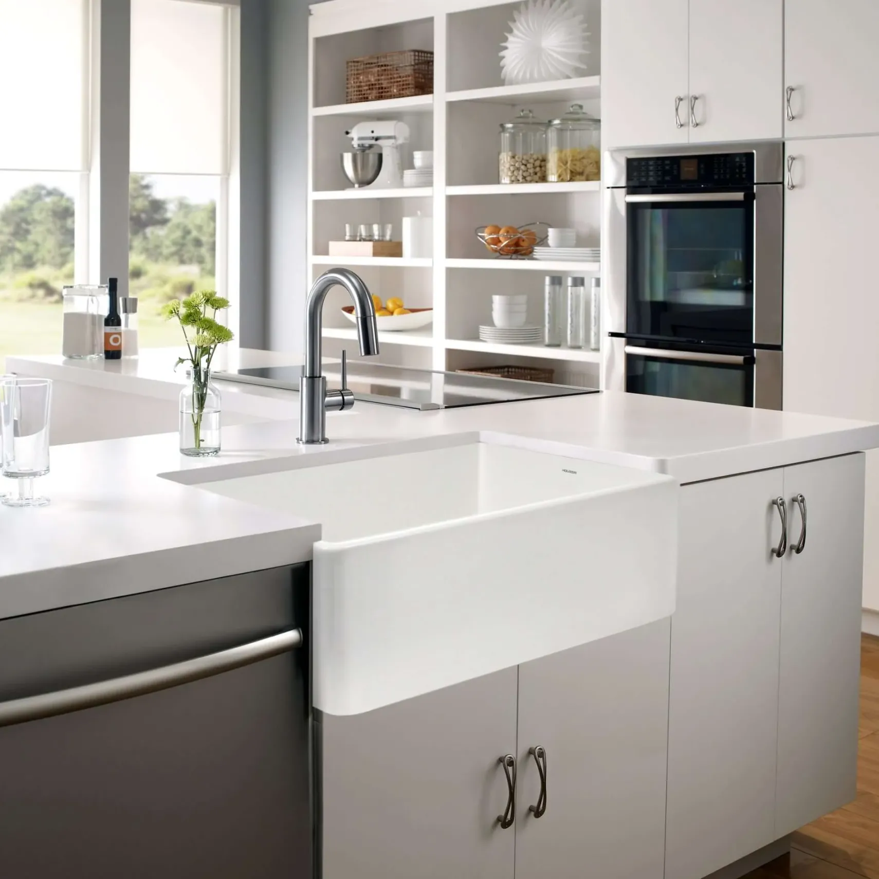 Houzer Platus 33 inch White Fireclay Apron Front Farmhouse Kitchen Sink with Strainer & Grid - PTG-4300 WH-C