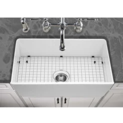Houzer Platus 33 inch White Fireclay Apron Front Farmhouse Kitchen Sink with Strainer & Grid - PTG-4300 WH-C