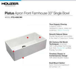Houzer Platus 33 inch White Fireclay Apron Front Farmhouse Kitchen Sink with Strainer & Grid - PTG-4300 WH-C
