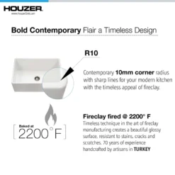 Houzer Platus 33 inch White Fireclay Apron Front Farmhouse Kitchen Sink with Strainer & Grid - PTG-4300 WH-C