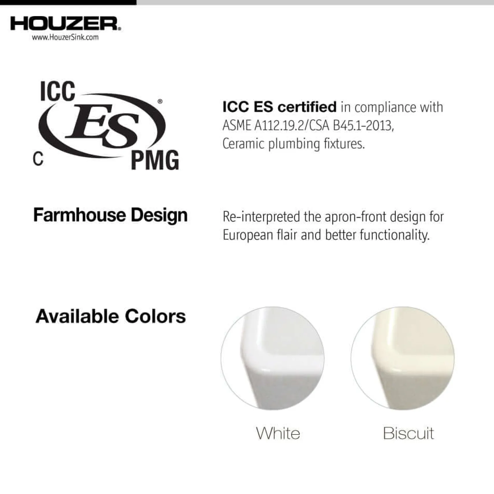 Houzer Platus 33" White Farmhouse Apron Front Fireclay Kitchen Sink, PTG-4300 WH
