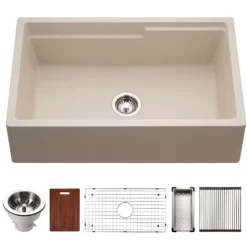 Houzer Quartztone 33 inch Sand Apron Front Farmhouse Granite Composite Workstation Kitchen Sink with Accessories - W-133 SAND-C