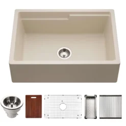 Houzer Quartztone 30 inch Sand Apron Front Farmhouse Granite Workstation Kitchen Sink with Accessories -Granite Composite, W-130 SAND-C
