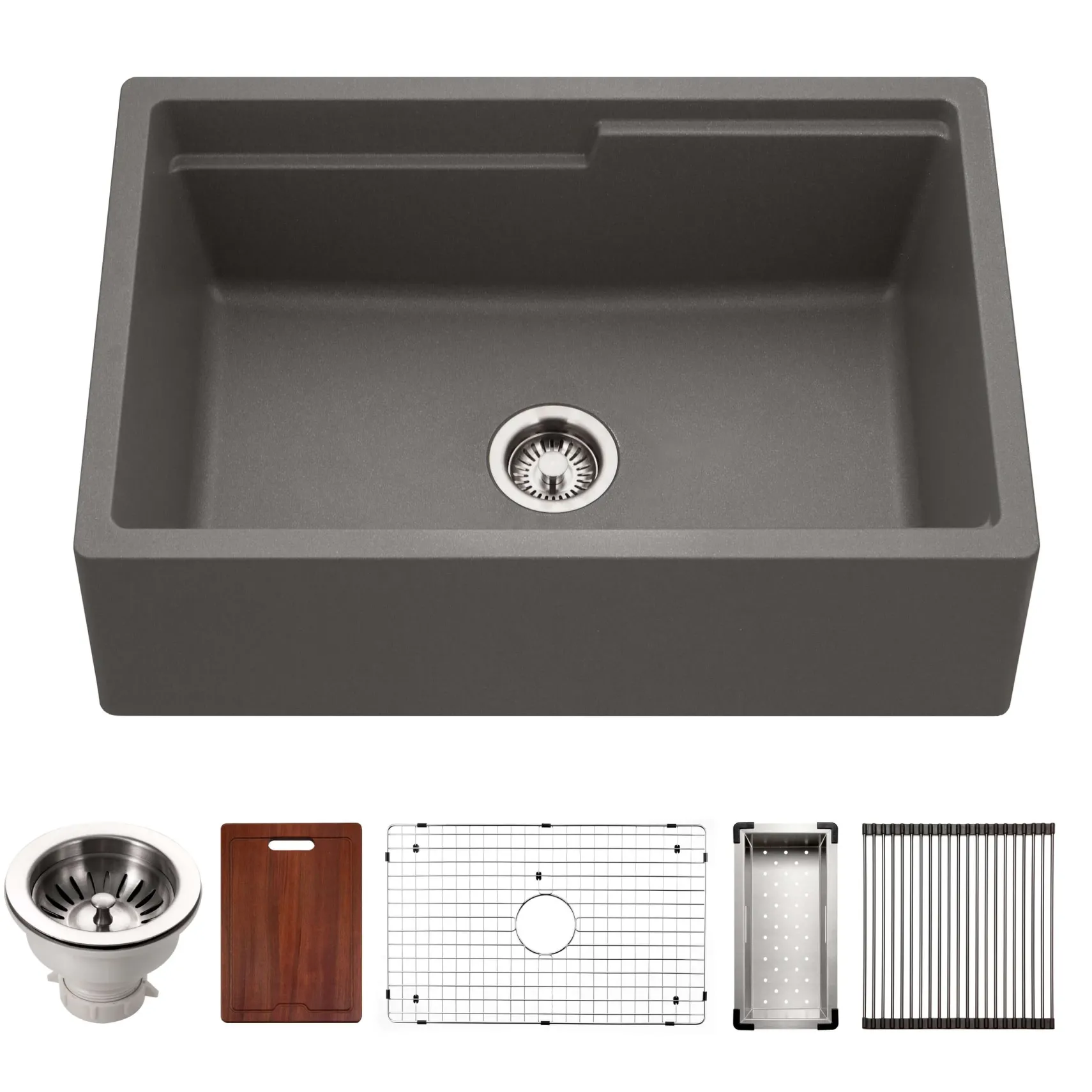 Houzer Quartztone 30 inch Slate Apron Front Farmhouse Granite Workstation Kitchen Sink with Accessories- Granite Composite, W-130 SLATE-C