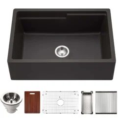 Houzer Quartztone 30" Midnite Apron Front Farmhouse Granite Composite Workstation Kitchen Sink with Accessories - W-130-MIDNITE-C