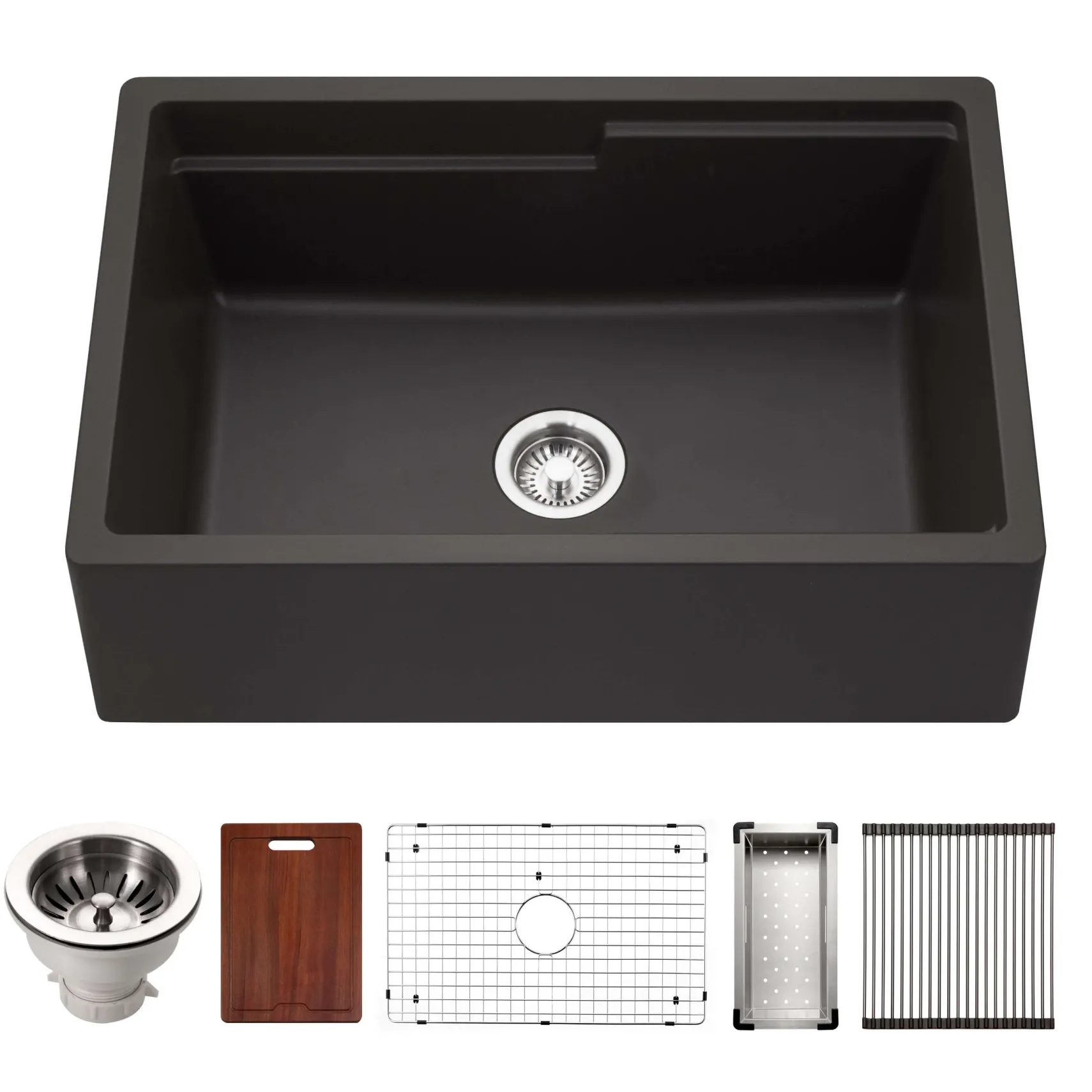 Houzer Quartztone 30" Midnite Apron Front Farmhouse Granite Composite Workstation Kitchen Sink with Accessories - W-130-MIDNITE-C