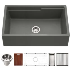 Houzer Quartztone 33" Slate Apron Front Farmhouse Granite Composite Workstation Kitchen Sink with Accessories - W-133 SLATE-C