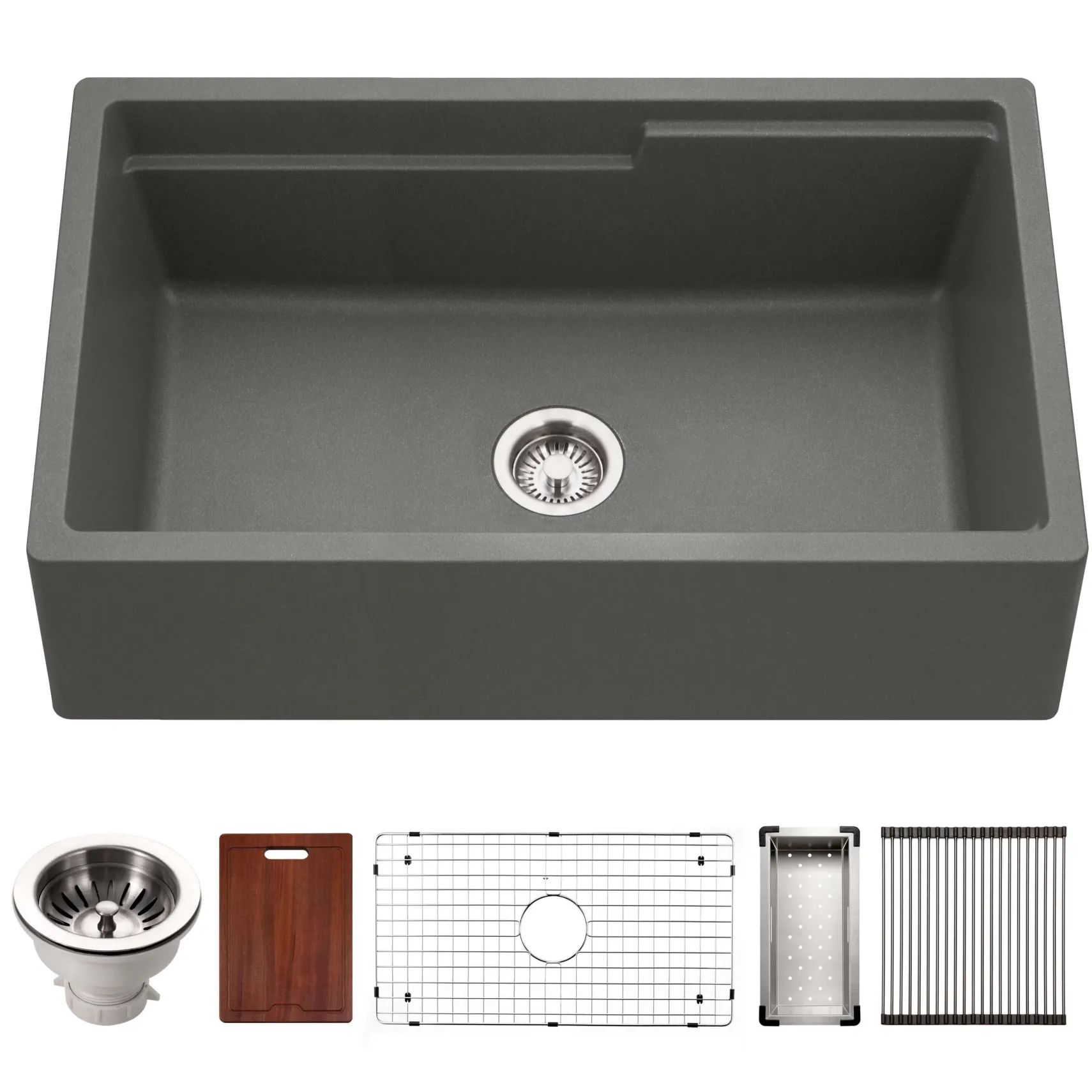 Houzer Quartztone 33" Slate Apron Front Farmhouse Granite Composite Workstation Kitchen Sink with Accessories - W-133 SLATE-C