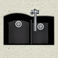 Houzer Quartztone 33" Undermount Granite Kitchen Sink, 60/40 Double Bowl, Midnite, P-175U Midnite