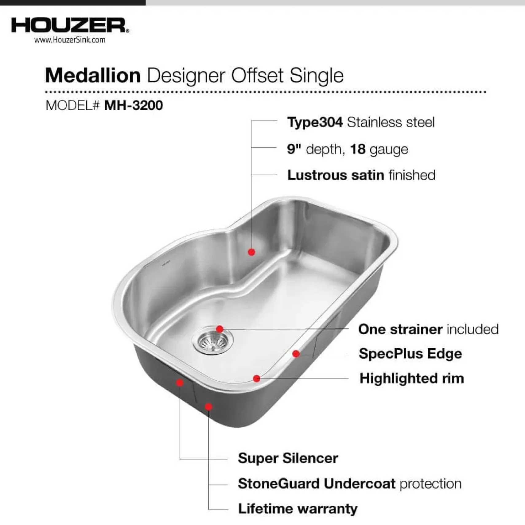 Houzer 32" Stainless Steel Undermount Gourmet Single Bowl Kitchen Sink, 18 Gauge, MH-3200-1
