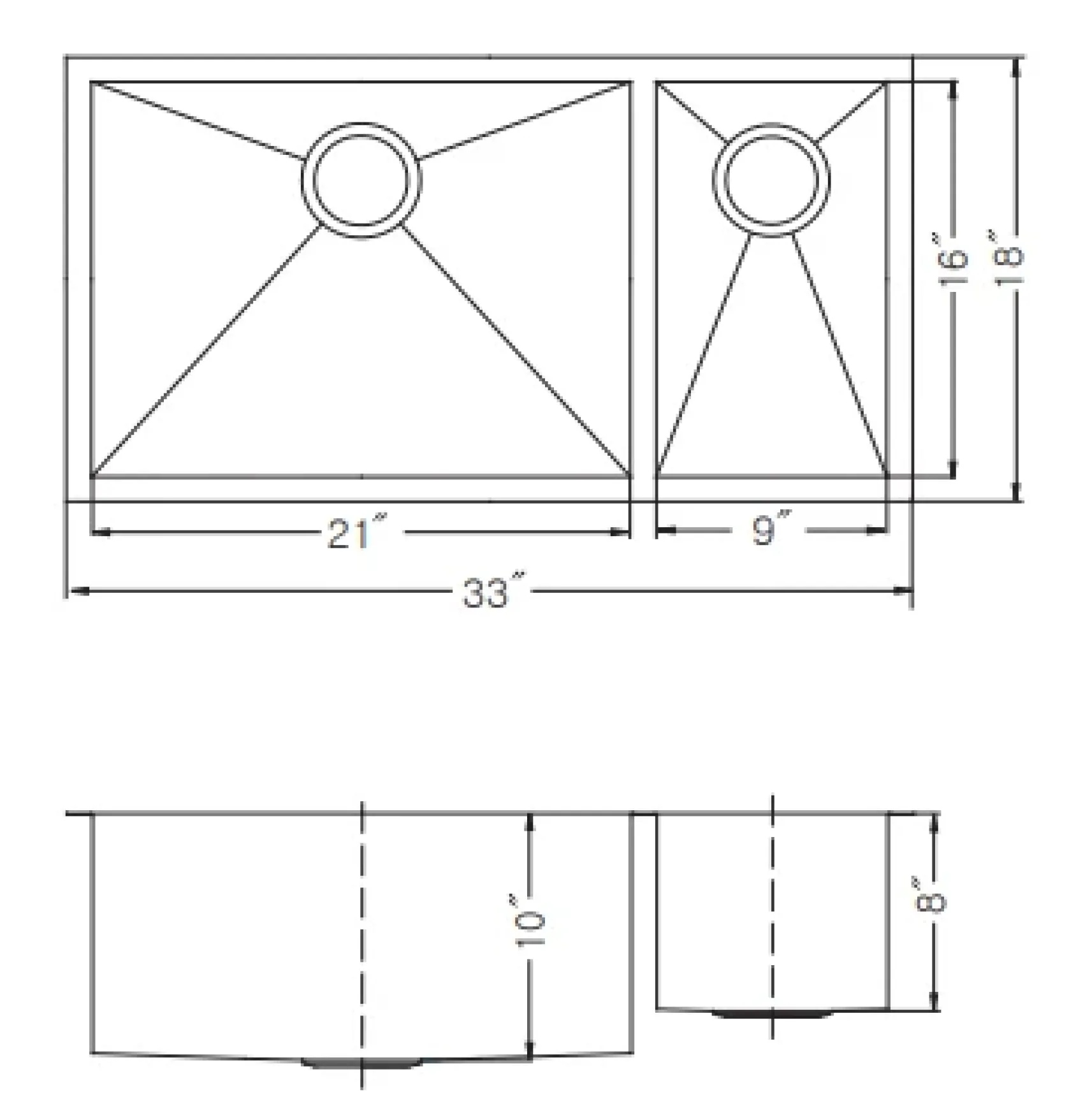 Houzer 33" Stainless Steel Undermount 70/30 Double Bowl Kitchen Sink, 18 Gauge, CTO-3370SL
