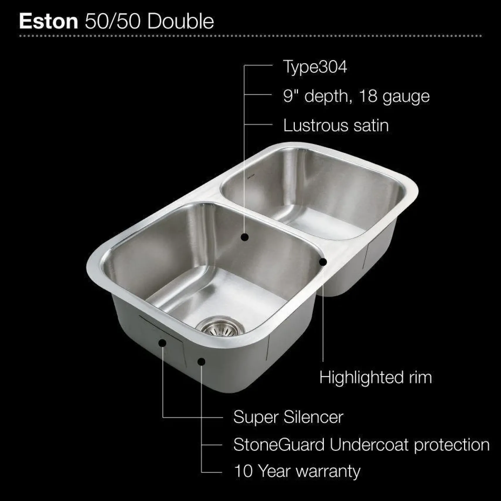 Houzer 31" Stainless Steel Undermount 50/50 Double Bowl Kitchen Sink, 18 Gauge, STD-2100-1
