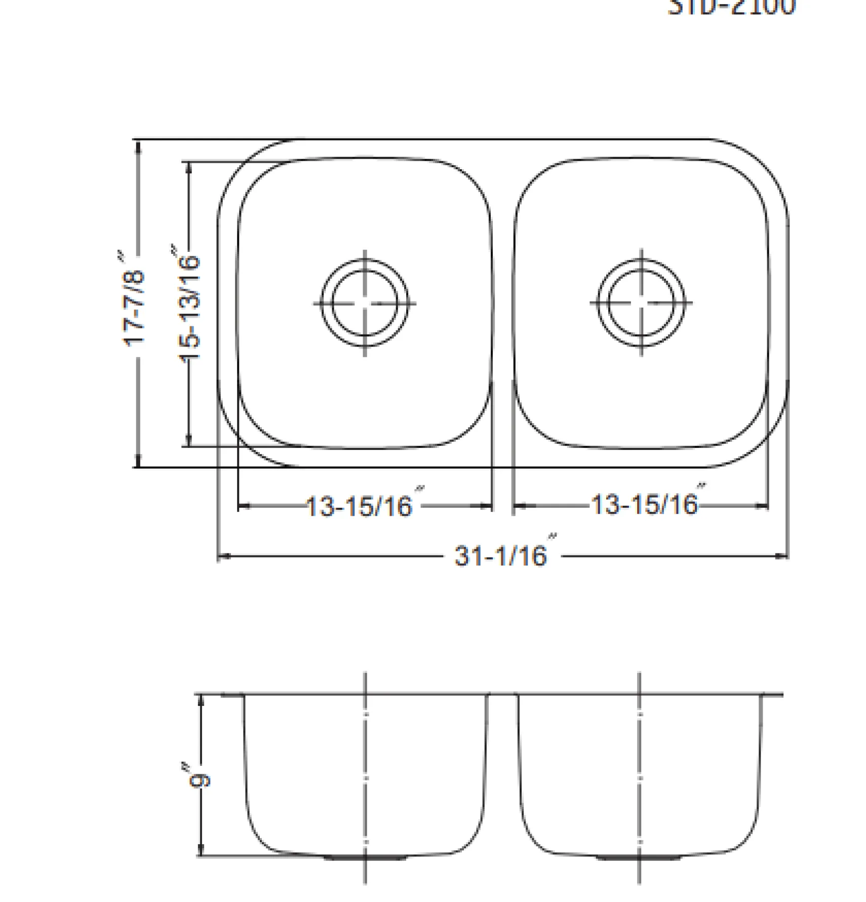 Houzer 31" Stainless Steel Undermount 50/50 Double Bowl Kitchen Sink, 18 Gauge, STD-2100-1