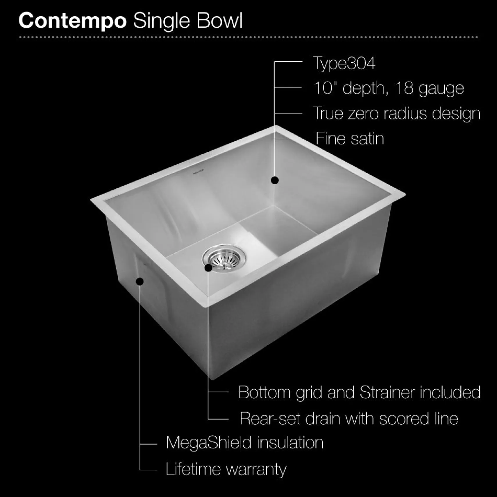 Houzer 23" Stainless Steel Undermount Zero Radius Single Bowl Kitchen Sink, 18 Gauge, CTS-2300