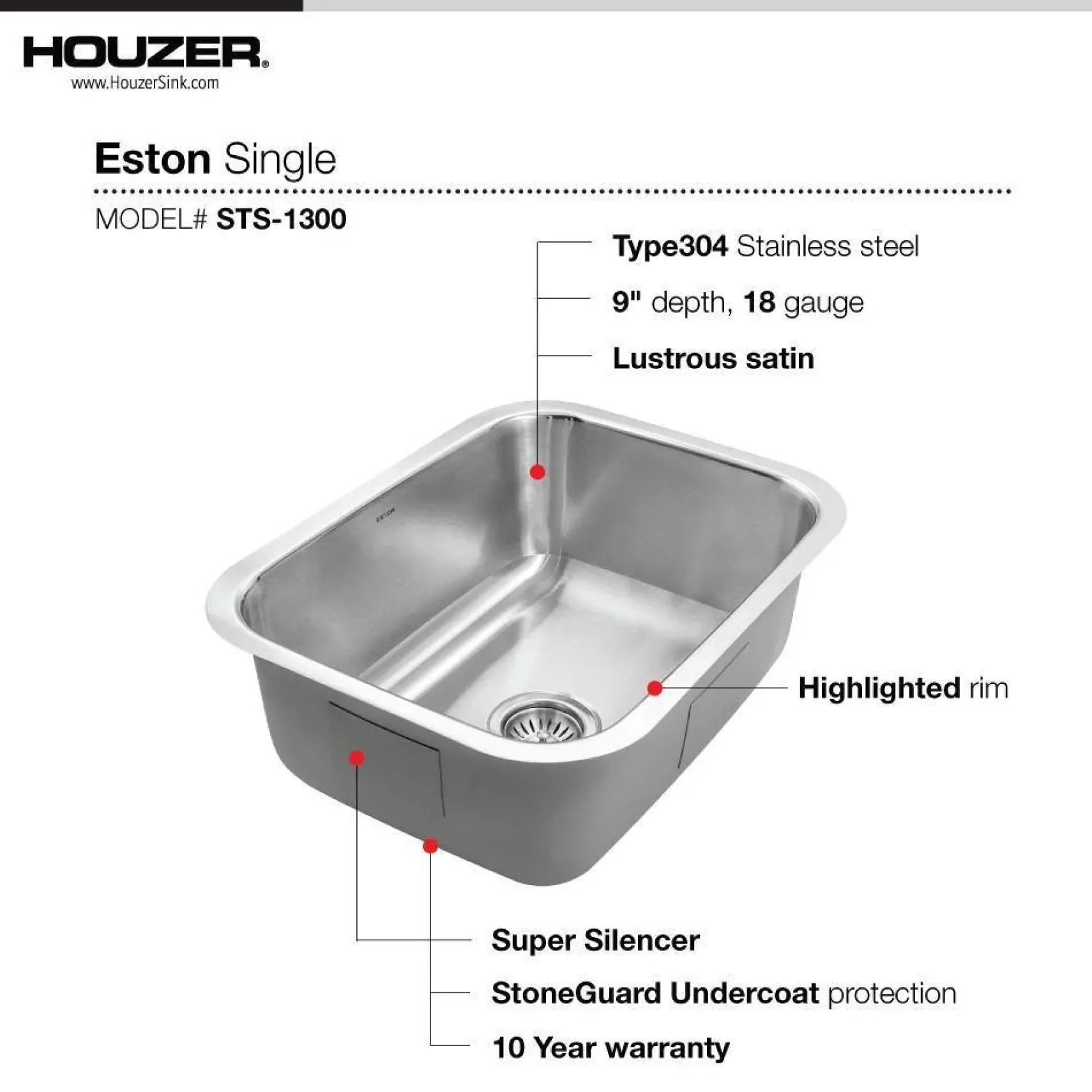 Houzer 23" Stainless Steel Undermount Single Bowl Kitchen Sink, 18 Gauge, STS-1300-1