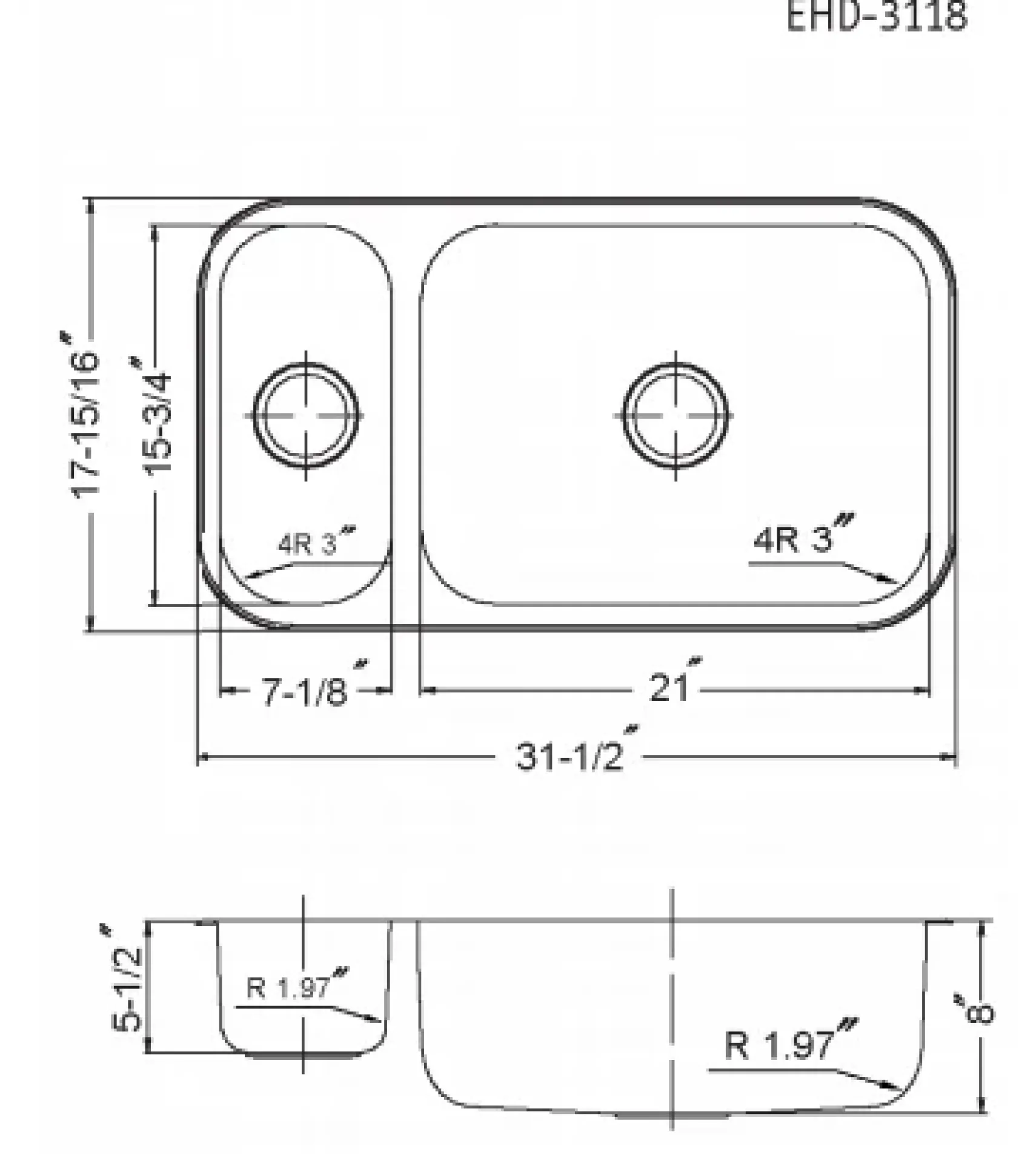 Houzer 32" Stainless Steel Undermount Double Bowl Kitchen Sink, 20 Gauge, Reversible, EHD-3118-1