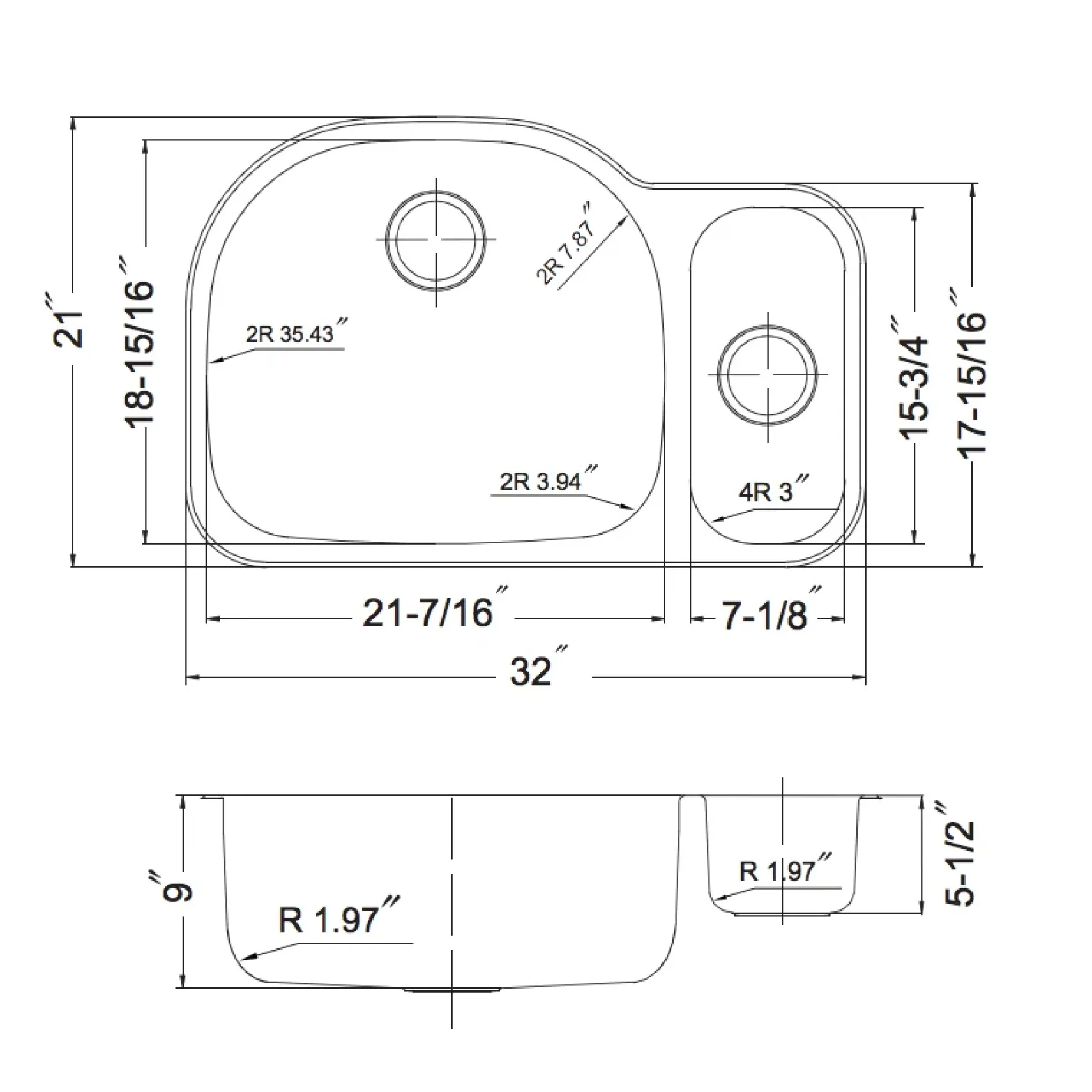 Houzer 32" Stainless Steel Undermount 80/20 Double Bowl Kitchen Sink, 18 Gauge, MG-3209SR-1