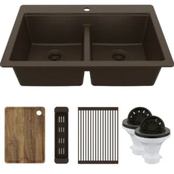 Karran 33" Drop In Quartz Composite Workstation Kitchen Sink, 50/50 Double Bowl, Brown, QTWS-880-BR-PK2