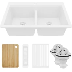 Karran 33" Drop In Quartz Composite Workstation Kitchen Sink, 50/50 Double Bowl, White, QTWS-880-WH-PK2