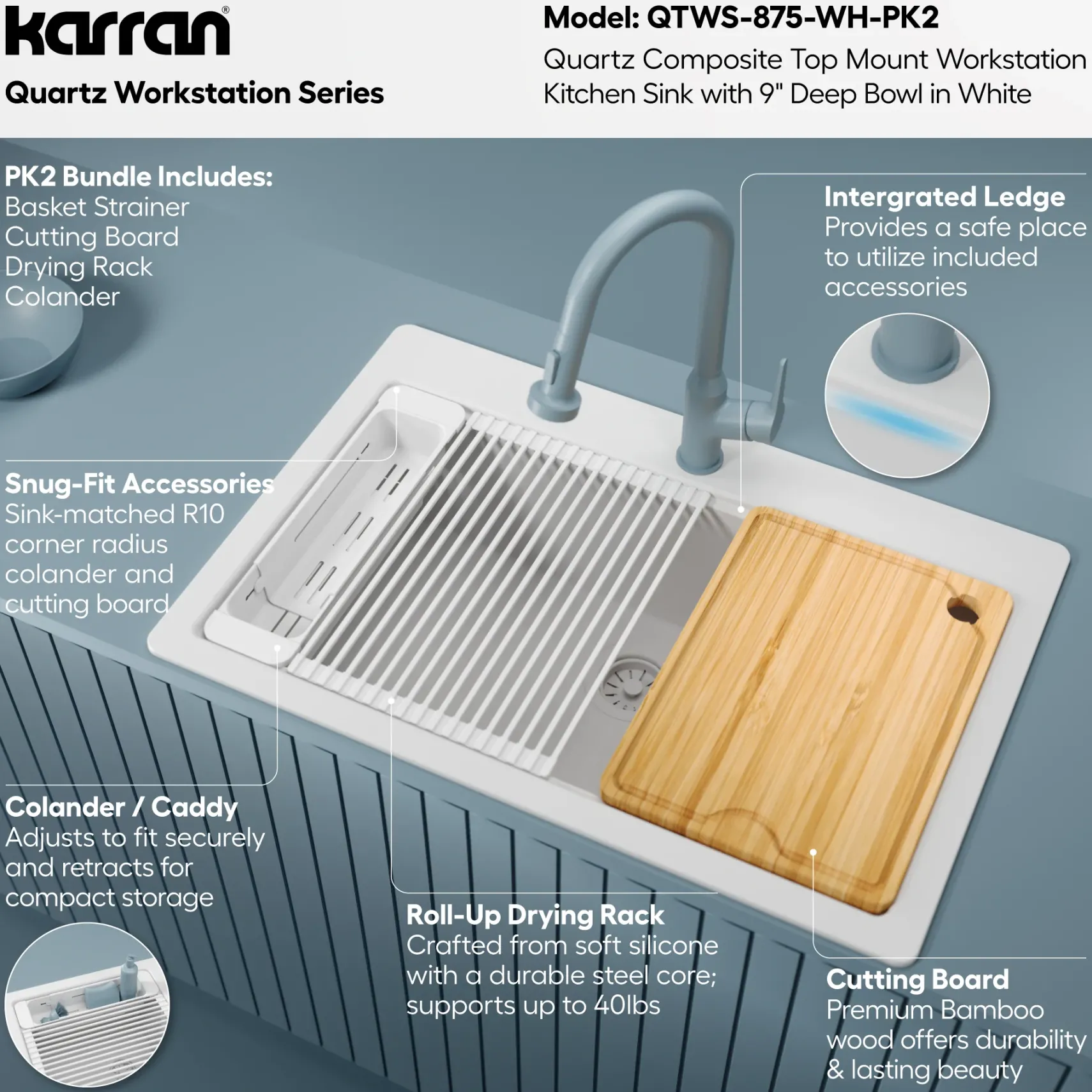 Karran 33" Drop In Quartz Composite Workstation Kitchen Sink, White, QTWS-875-WH-PK2