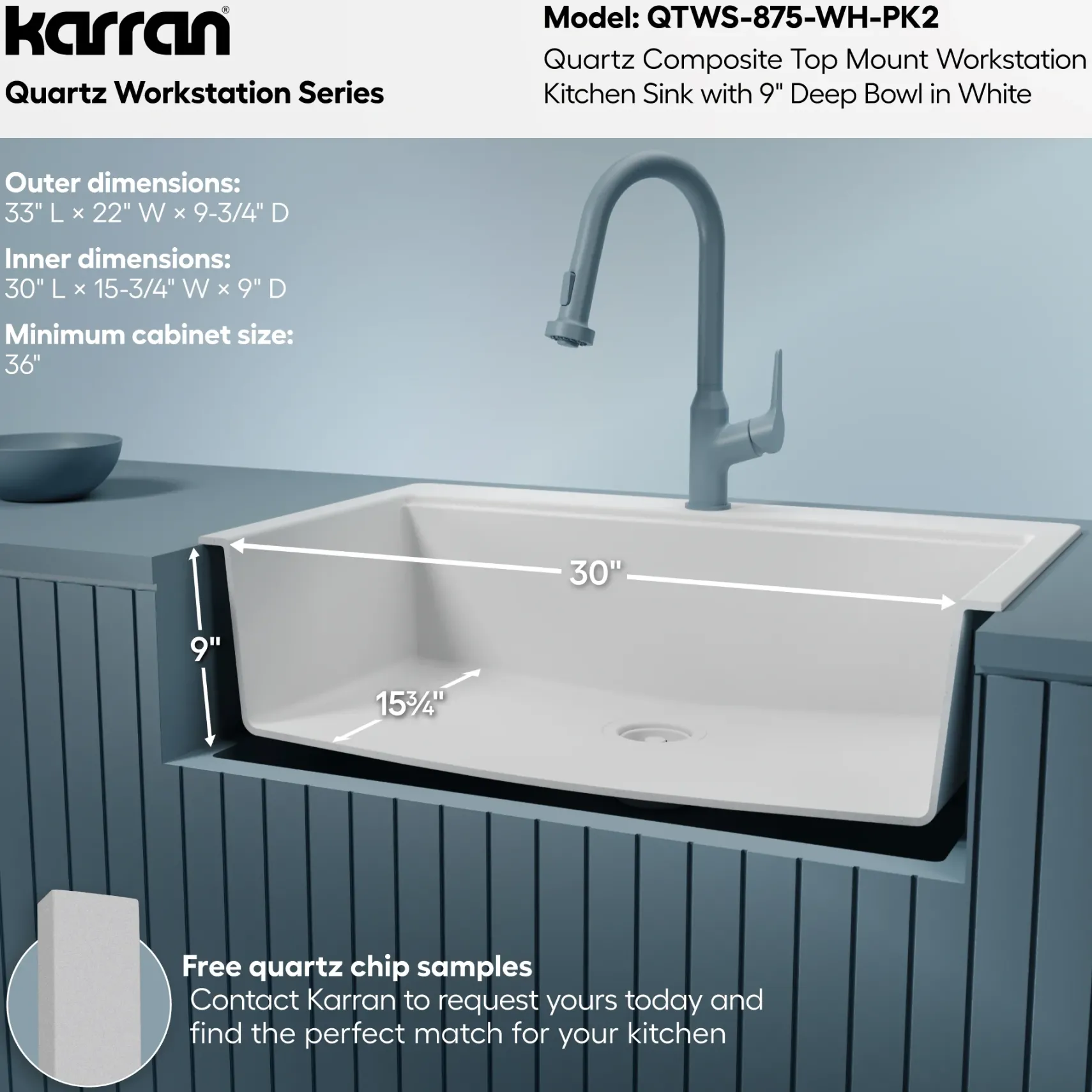 Karran 33" Drop In Quartz Composite Workstation Kitchen Sink, White, QTWS-875-WH-PK2