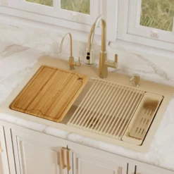 Karran 33" Drop In Quartz Composite Workstation Kitchen Sink, Bisque, QTWS-875-BI-PK2