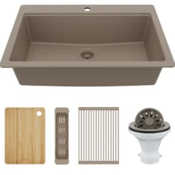 Karran 33" Drop In Quartz Composite Workstation Kitchen Sink, Concrete, QTWS-875-CN-PK2