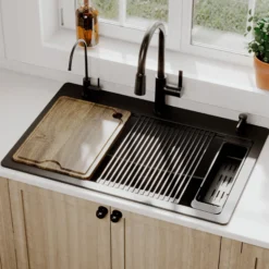 Karran 33" Drop In Quartz Composite Workstation Kitchen Sink, Black, QTWS-875-BL-PK2
